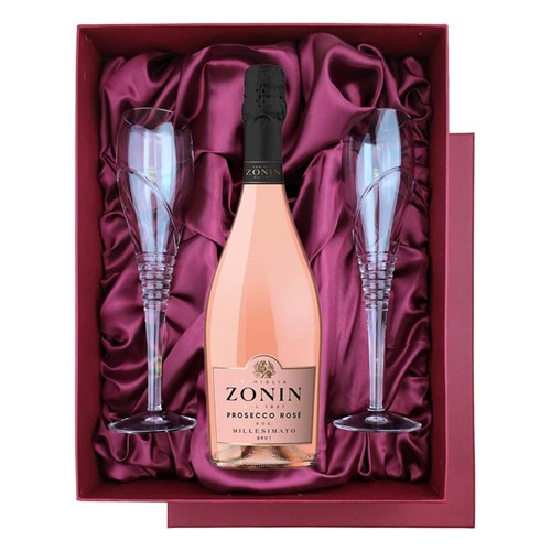 Zonin Prosecco Rose Doc Millesimato 75cl in Red Luxury Presentation Set With Flutes